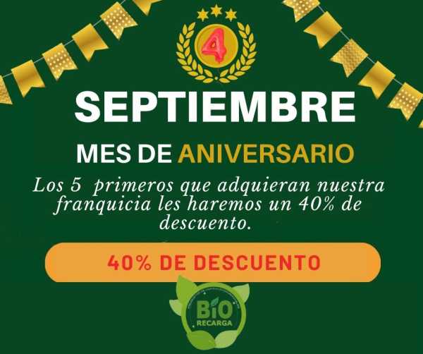 Celebra el 4º aniversario de la franquicia Biorecarga y obten un 40% de descuento.