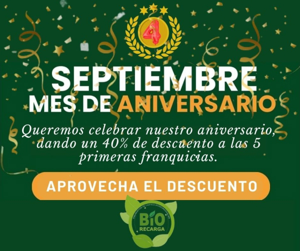 Celebra con Biorecarga su 4º aniversario, adquiere una franquicia y obtén un 40% de descuento.